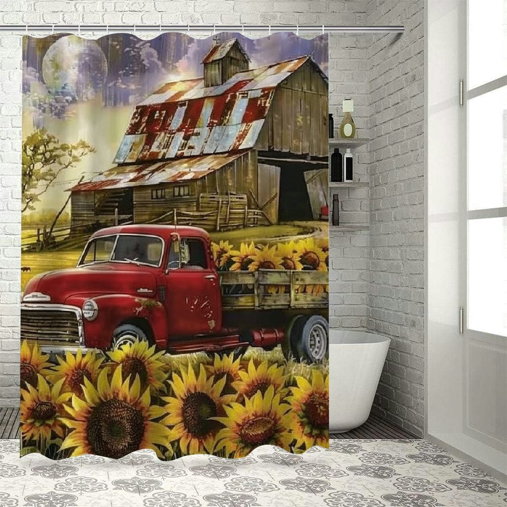 Gotuvs Vintage Red Truck Sunflower Shower Curtain Farmhouse Old Barn
