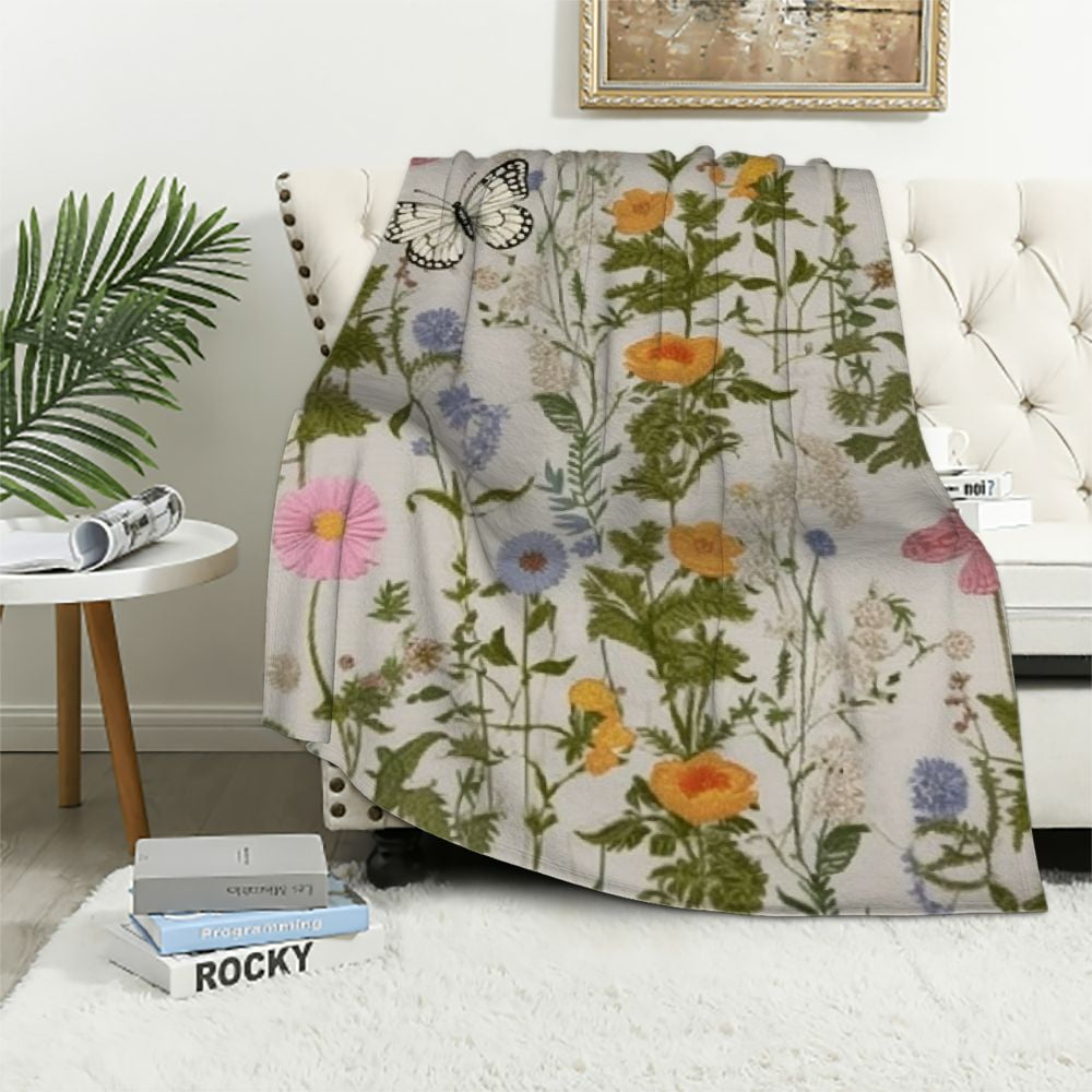 Gotuvs Vintage Wildflower Herbs Floral Blanket, Soft Blankets Flannel