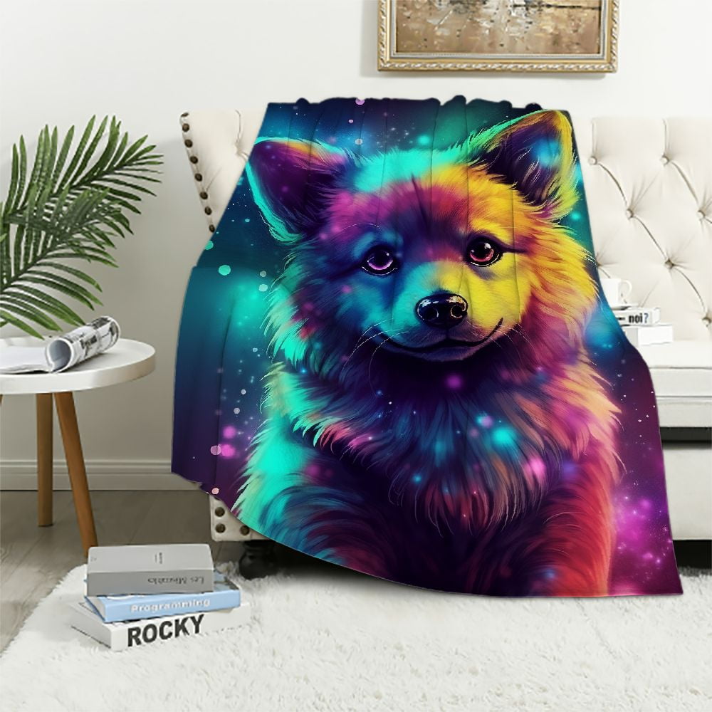 Gotuvs Wolves Blanket, Cute Wolf Blanket, Wolf Gifts for Girls, Kawaii Baby Wolf Rainbow Starry