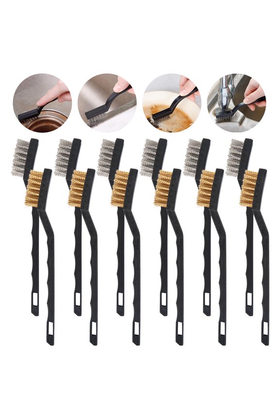 12 PCS Wire Brush Set Scratch Brush Set (Stainless Steel + Brass), Curved Handle Masonry Brush Wire Bristle for Cleaning Welding Slag and Rust