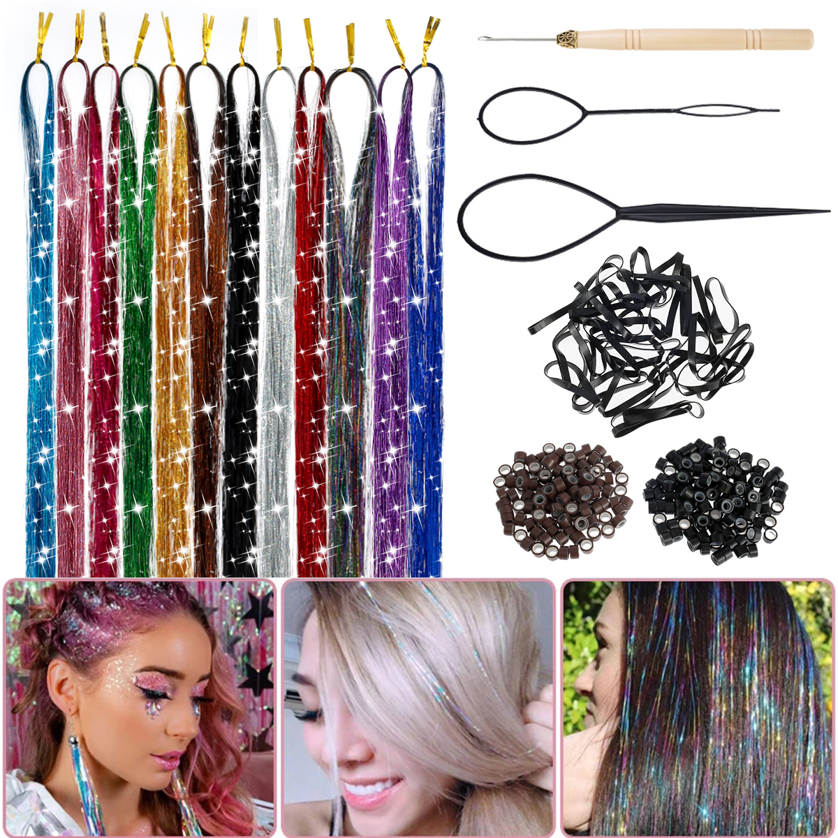 Gotydi Hair Tinsel Kit 12 Colors Heat Resistant Tinsel Hair Extensions