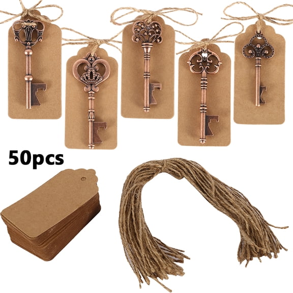 Gotydi Pack of 50 Key Bottle Opener with Jute String and Label, Beer Bottle Opener as Party Favours for Wedding, Baby Shower Party Guests Bottle Opener Vintage