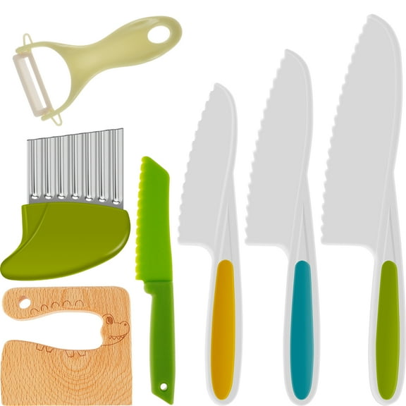 Gotydi Wooden Kids Kitchen Cutter Set Safe Plastic Toddler Kitchen Cutter Set with Wooden Cutter Serrated Cutter for Cutting Fruit Vegetable Dessert Bread