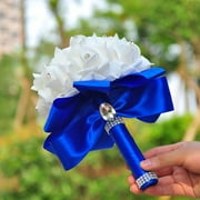 Gotyou Artificial Flowers Bouquet Mothers Day Gifts, Silk Wedding Flowers Wedding Bouquets for Bride, Crystal Roses Pearl Bridesmaid Bouquet Bridal Holding Flowers for Wedding Decoration Royal Blue