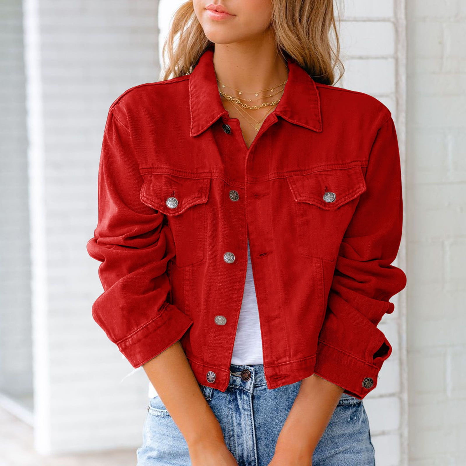 casual red top with jeans