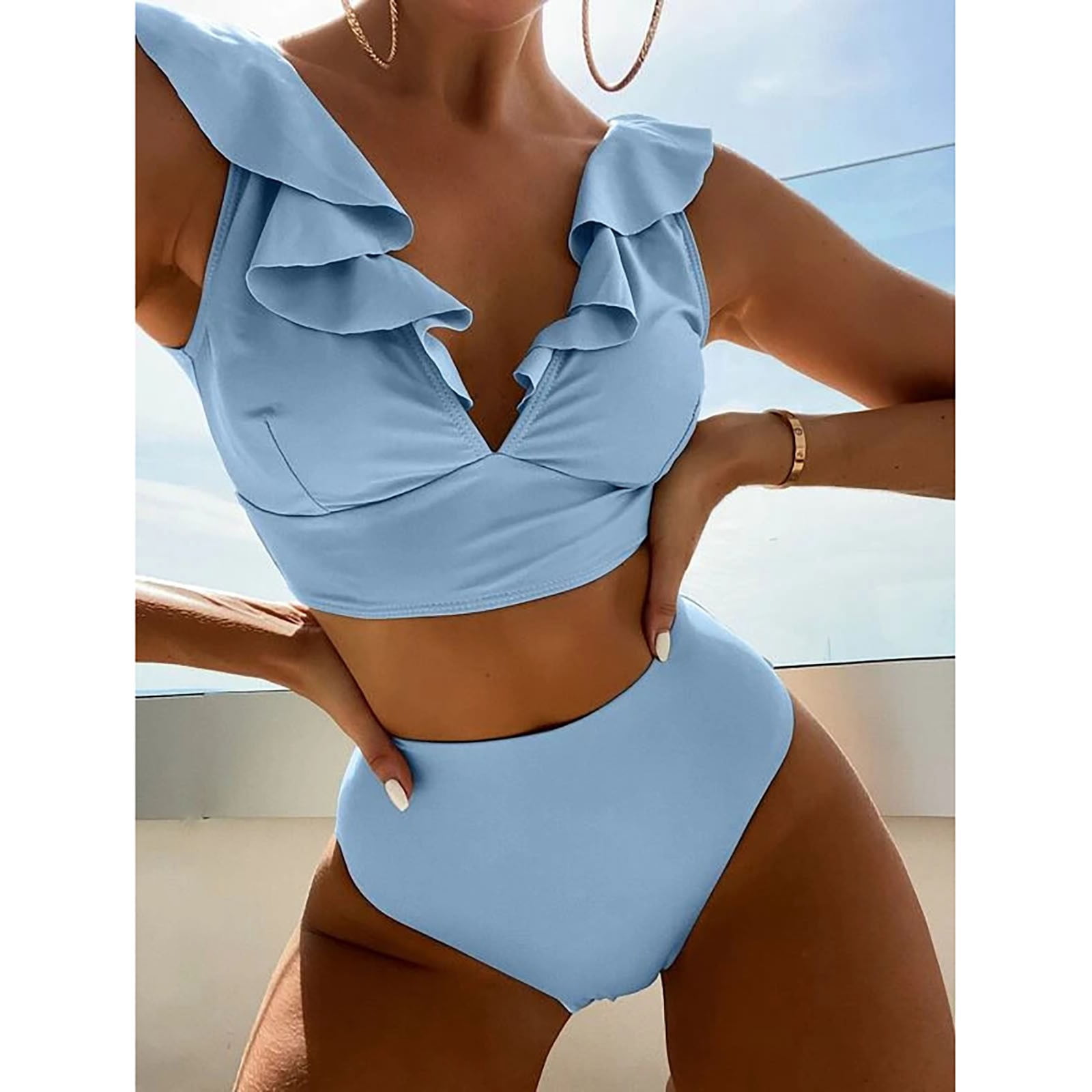 Women's Swimsuit With Double Ruffled Halter Strap And Chest Pad