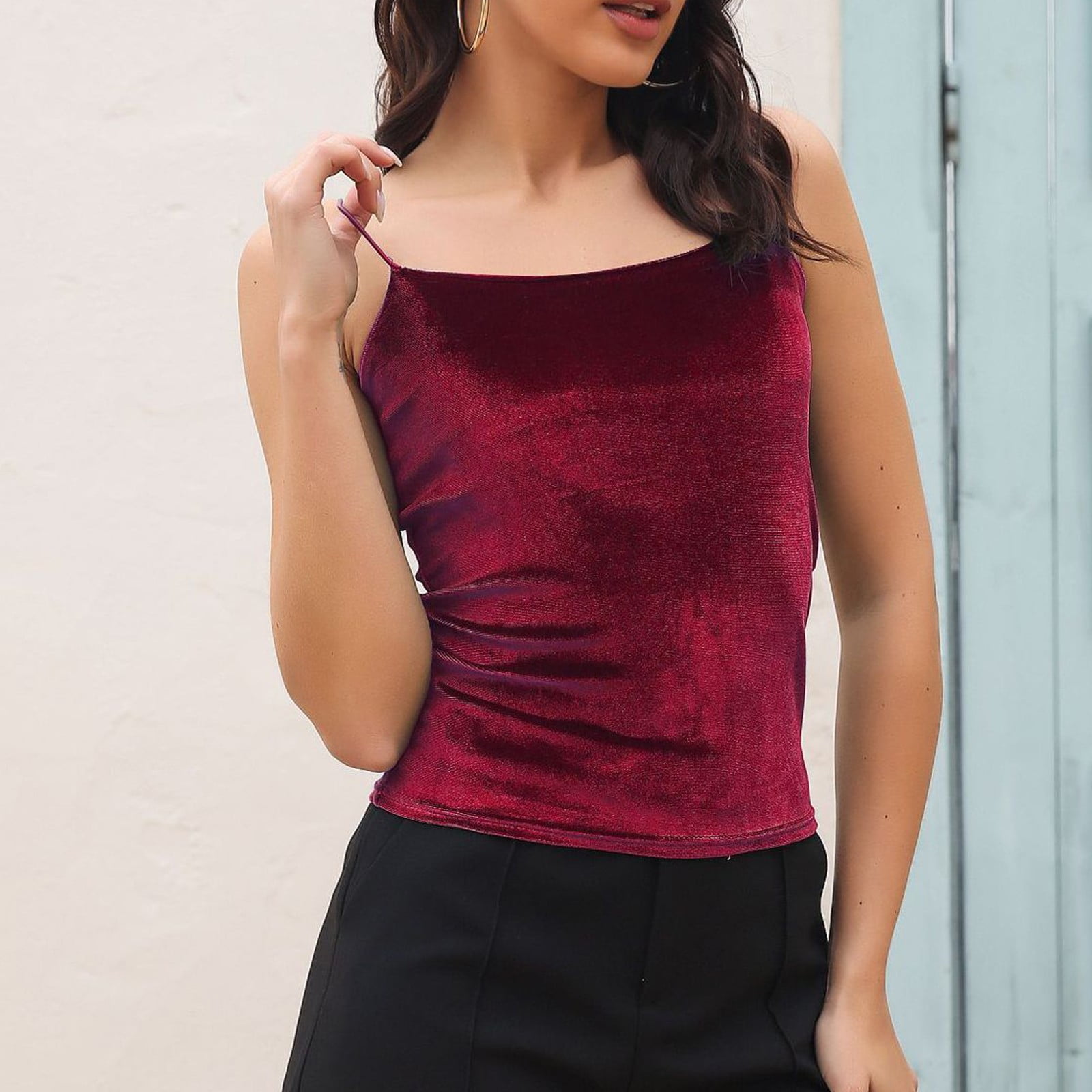 Velvet spaghetti top strap top