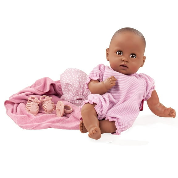 Gotz Cosy Aquini 13" Soft Cloth Bath Baby Doll with Dark Skin, Brown Sleeping Eyes and Towel