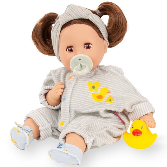 Gotz: Cosy Aquini: Little Duck - 13" Floating Bath Doll, Grey Striped Onesie, Yellow Duck, Pacifier, Brown Hair, Sleepy Eyes, Collectible Toy, Kids 3+