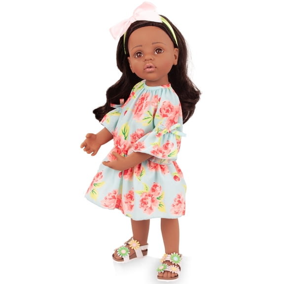 Gotz: Happy Kidz: Ava - 19.5" Standing Poseable Doll, Green & Pink Floral Dress, Black Hair, Sandals, Bow Headband, Hard Body, Collectible Toy Kids 3+