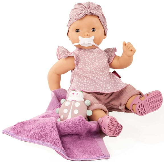 Gotz Maxy Aquini 16.5" All Vinyl Bath Baby Doll with Blue Sleeping Eyes, Vintage Styled Outfit, Rubber Sandals & Accessories