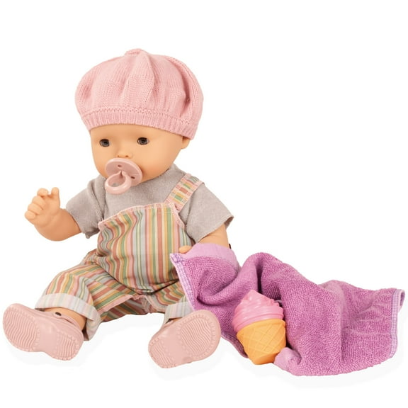 Gotz: Maxy Aquini: Baby Beach Vibes - 16.5" Doll Set, Pink-Green Stripe Romper, Hard-Body, Sleepy Eyes, Binkie-Towel-Ice Cream Toy, Bath-Water, Kid 3+
