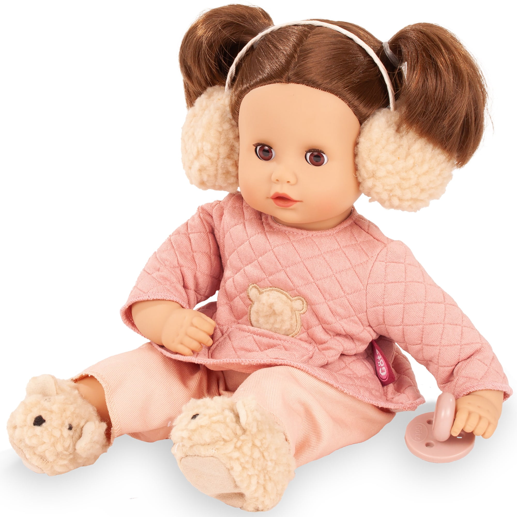 Gotz: Muffin: Bear - 13" Doll, Peachy Pink & Beige Quilted Tunic, Sherpa Earmuffs-Slippers, Brown Hair, Sleepy Eyes-Soft Body, Collectible Toy Kids 3+