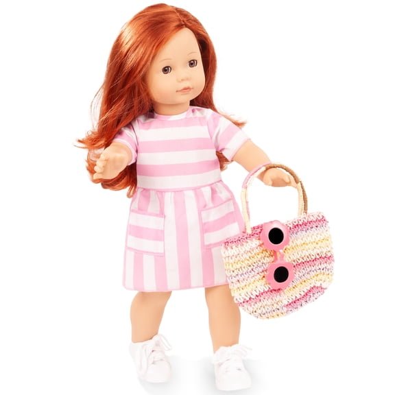 Gotz: Precious Day: Julia Summer - 18" Standing Poseable Doll, Pink-White Striped Dress, Woven Purse & Sunglasses, Red Hair, Collectible Toy, Kids 3+