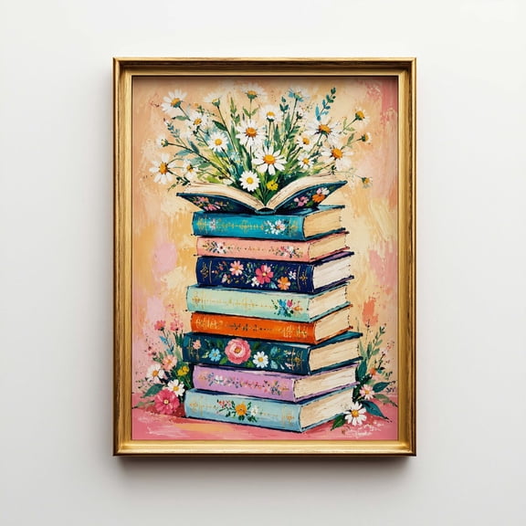 Gouache Book Stack Daisy Floral Reading Nook Poster Unframed Paper Print