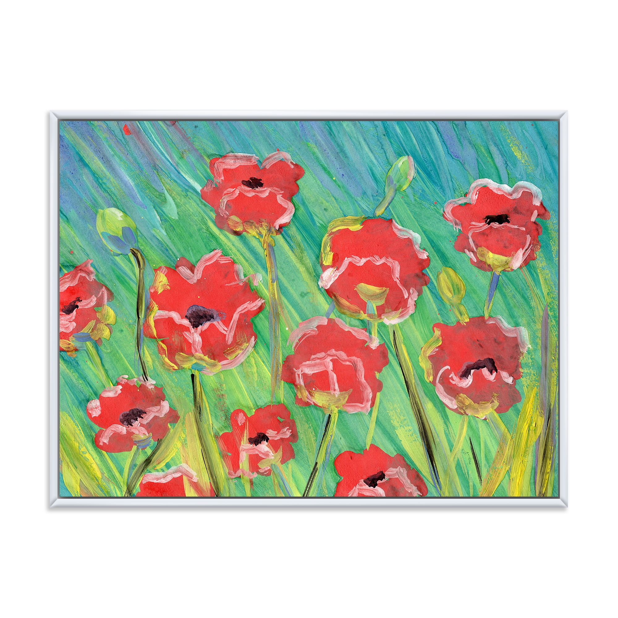 Gouache Of Blooming Red Poppies 32 in x 16 in Framed Painting Canvas Art Print, by Designart