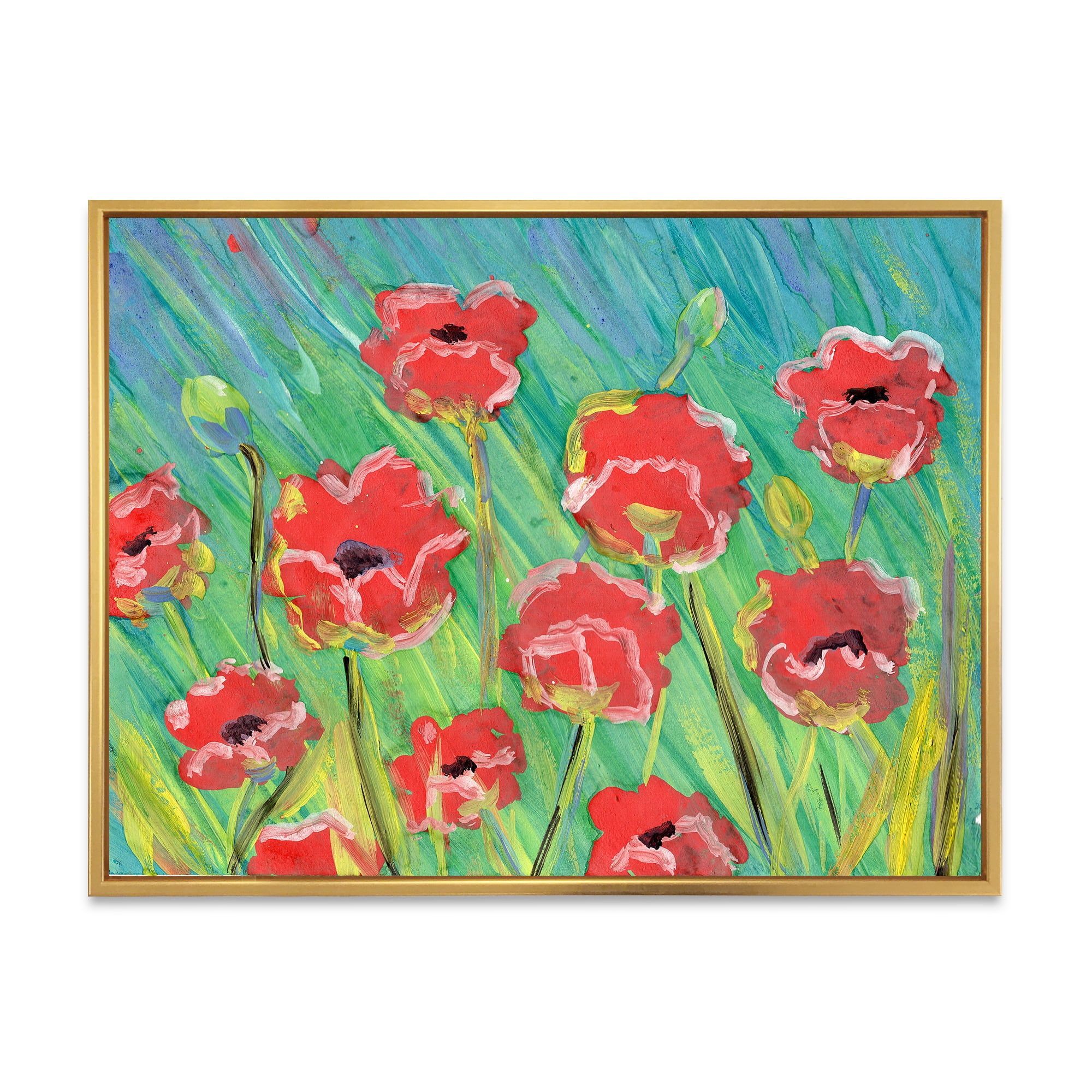 Gouache Of Blooming Red Poppies 32 in x 24 in Framed Painting Canvas Art Print, by Designart