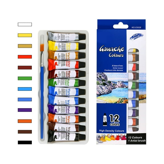 Gouache Paint Set, 12 Tubes Of 6Ml (Approx 0.2Oz) With 1 Brush, Non-Toxic High Density Colors For Canvas, Paper, Glass, Fabric, Crafts, Handmade Models, Hobby Painting, Art