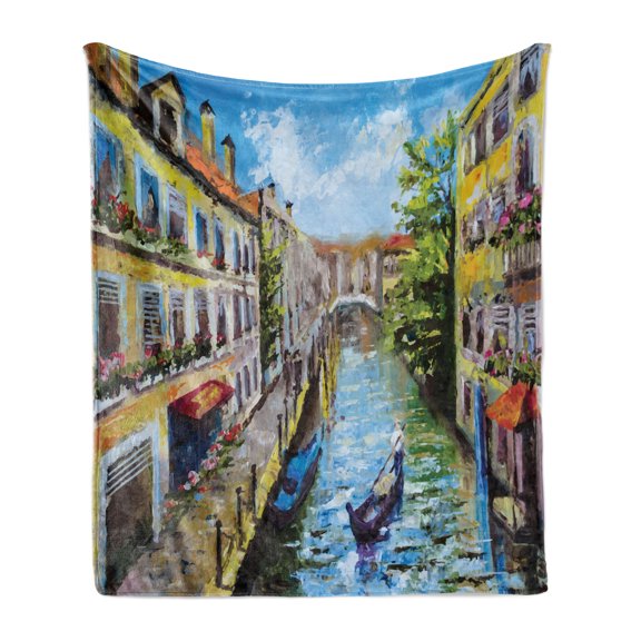 Gouache Soft Flannel Fleece Blanket, Venice Italy Venetian Gondola City Landmarks Romantic Europe Architecture Painting, Cozy Plush for Indoor and Outdoor Use, 50" x 70", Multicolor, by Ambesonne