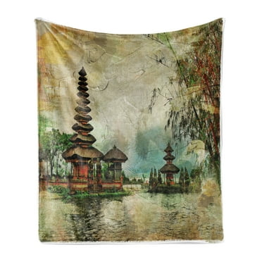 Gouache Soft Flannel Fleece Throw Blanket, Balinese Architecture Far Eastern History Nature Painting, Cozy Plush for Indoor and Outdoor Use, 70" x 90", Dusk Pale Khaki, by Ambesonne