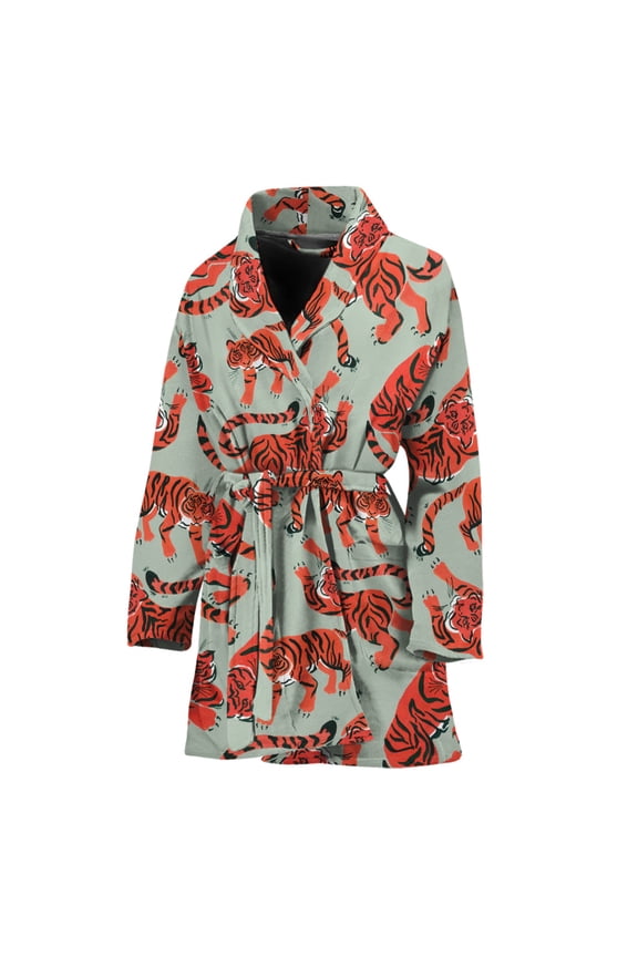 Gouache Tiger Pattern Women Bathrobe One Size Univeral Fits, Tiger Wide Animal Fashion Lightweight Plush Fleece Long Robe For Women