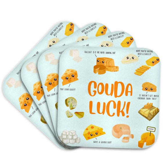 3drose, Gouda Luck - Funny Cheesy Good Luck Cheese Pun Cute Kawaii Happy Face, Set of 4 Coasters - Soft