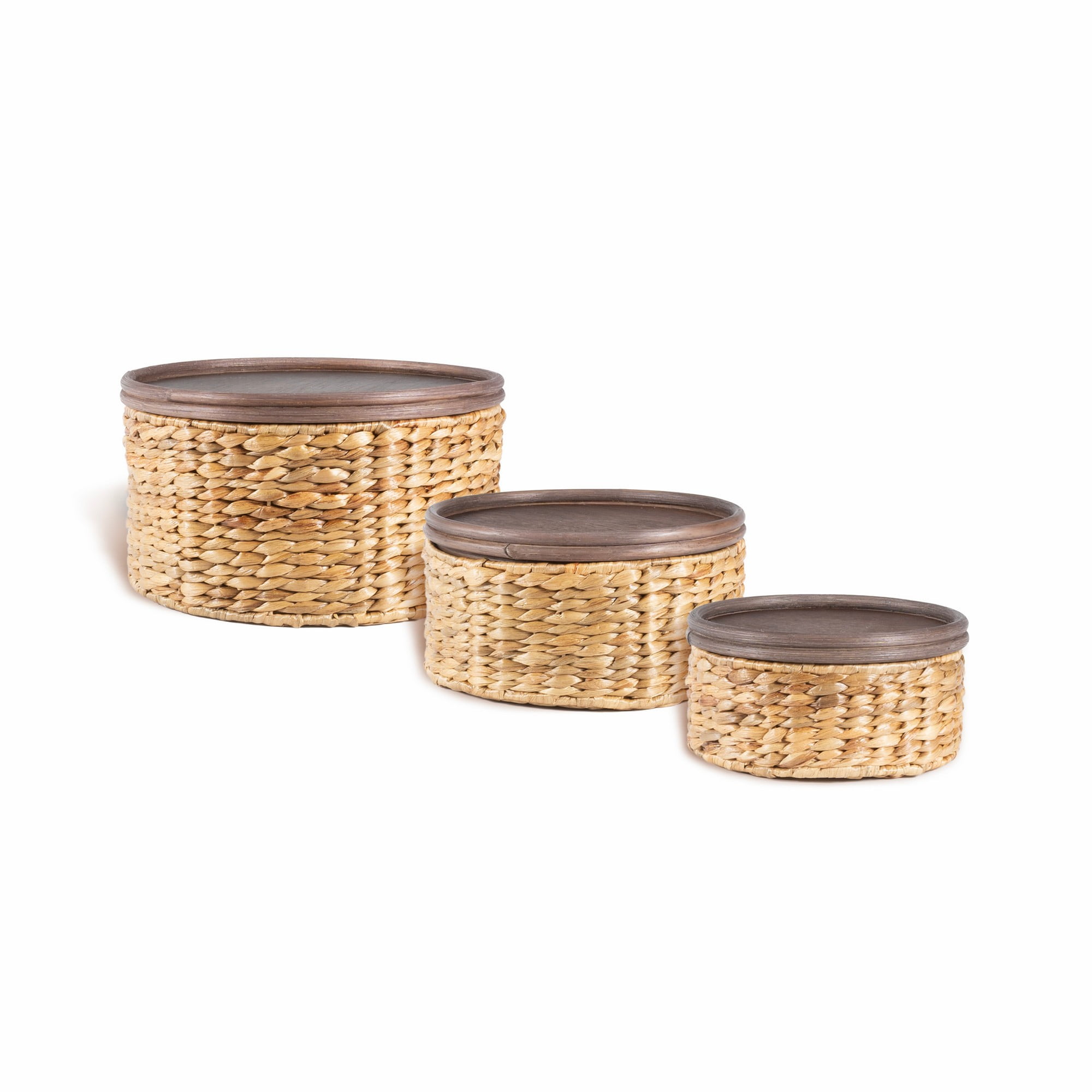 Natural Hand-Woven Hyacinth Round Storage Baskets with Wood Lids, Set of 3