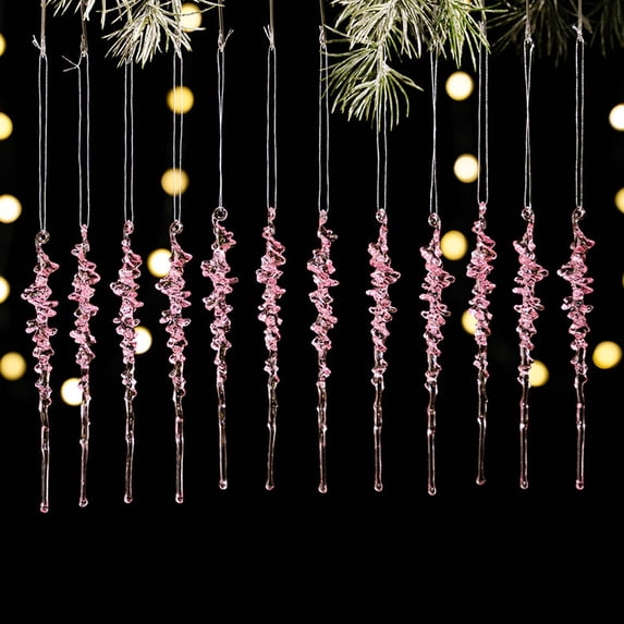 Goujian 12 Pcs Christmas Decoration Crystal Ornaments,Hanging Christmas Icicle Drop Ornaments,Pink Christmas Tree Ornaments for Xmas Home Decor