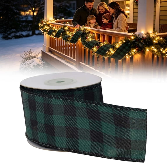 Goujian Christmas Plaid Wired Ribbon, 5 Yards Burlap Checkered Edge Ribbon, DIY Wreath Bow Gift Wrapping for Xmas Tree Weddings Holiday Home Crafts Decor