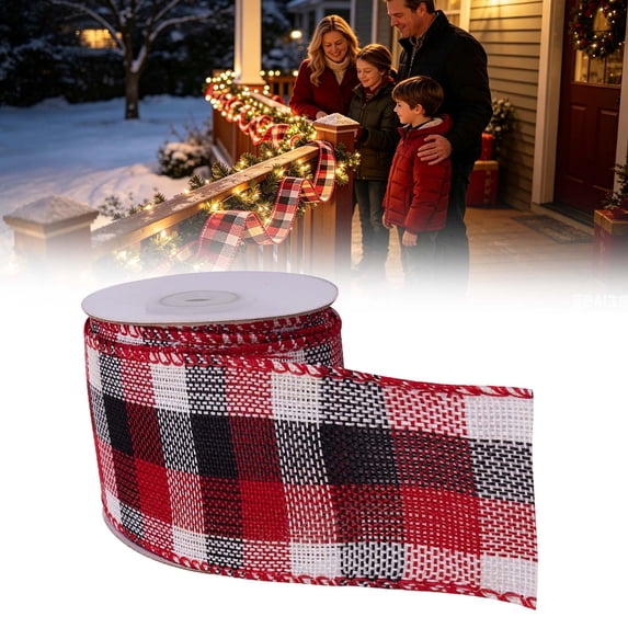Goujian Christmas Plaid Wired Ribbon, 5 Yards Burlap Checkered Edge Ribbon, DIY Wreath Bow Gift Wrapping for Xmas Tree Weddings Holiday Home Crafts Decor