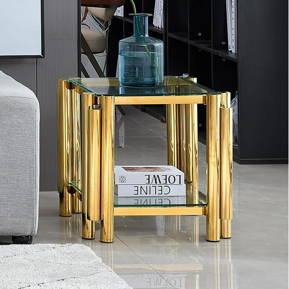 Goujxcy Luxury 22" Square Glass End Table, Modern Clear Glass Sofa Side Table Elegant Living Room Small Coffee Table with Shining Gold Stainless Steel Base, Gold End Table for Living Room Office