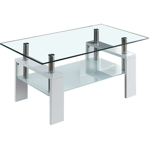 Goujxcy Rectangle Glass Coffee Table, Modern Clear Coffee Table with Lower Shelf Wooden Legs End Side Table, Center Tables for Living Room Home Furniture (Clear3)
