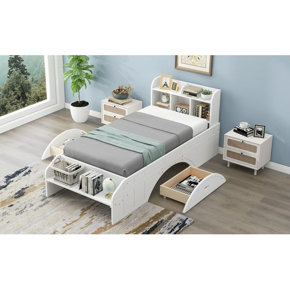 Gounni Wood Twin Size Platform Bed with 2 Drawers, Storage Headboard and Footboard, White