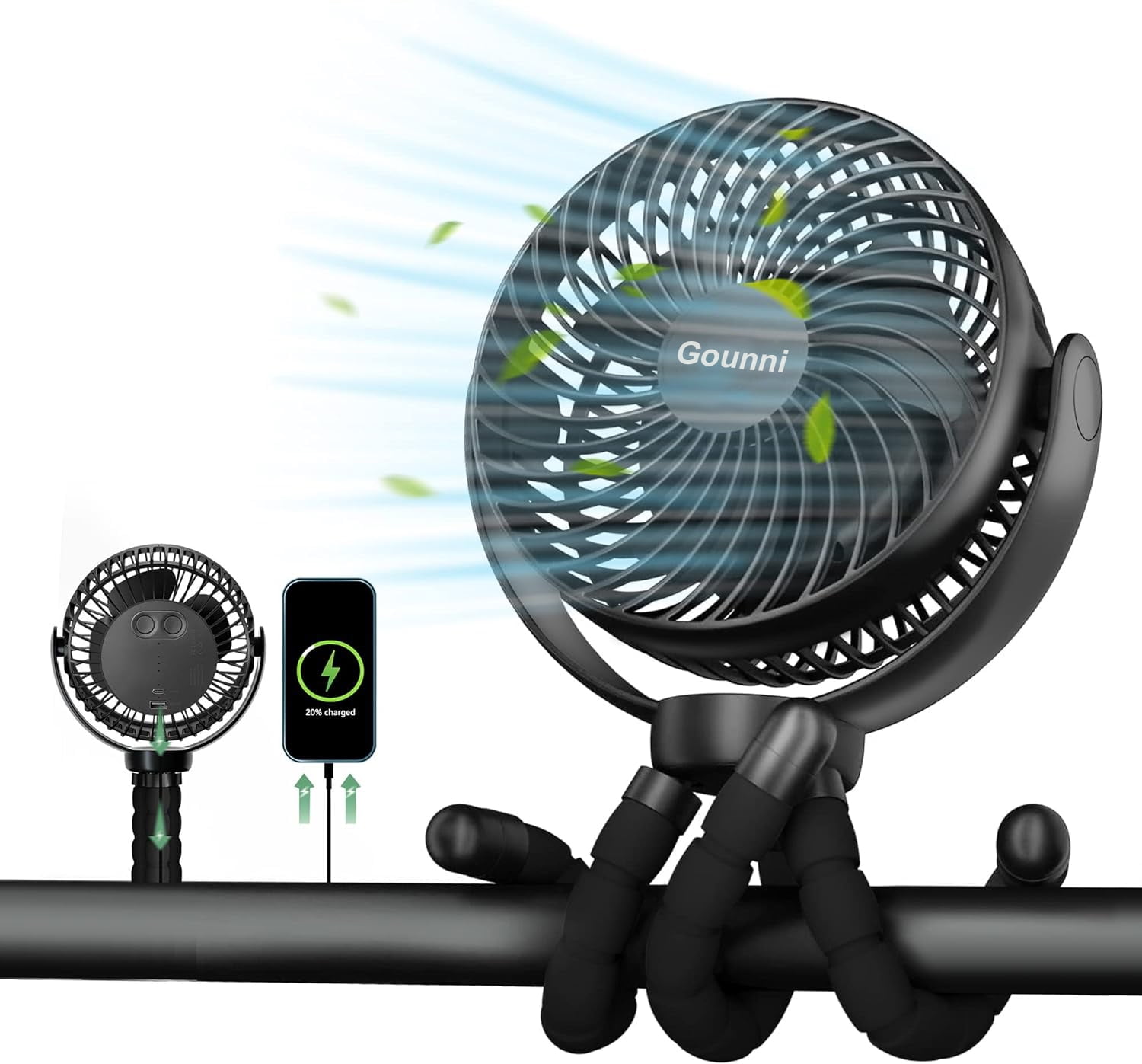 Gounni Stroller Fan 10000mAh Battery Powered Portable Personal Pram Fan for Baby with 3 Speeds