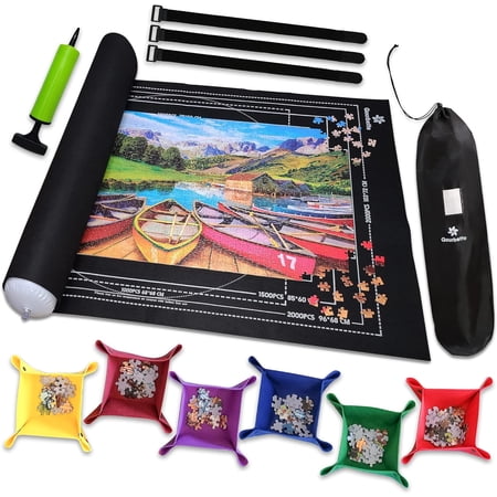 Gourbette Jigsaw Puzzle Roll Up Mat with 6 Sorting Trays and Velcro Straps, Black, 2000 Pieces