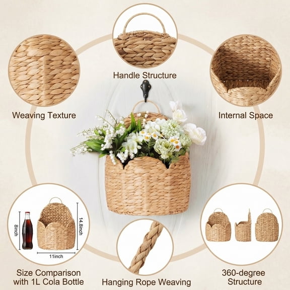 Gourd Grass Woven Storage Basket,Wall-mounted Wicker Bins with Handles for Bathroom,Laundry Entryway Kitchen Balcony Decor,13.78inch+7.87inch(2PC)