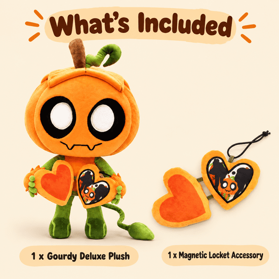 Collectible Gourdy Deluxe Plush 14 Inch, Posable Pumpkin Character Doll with Magnetic Hands, Tail and Locket Accessory