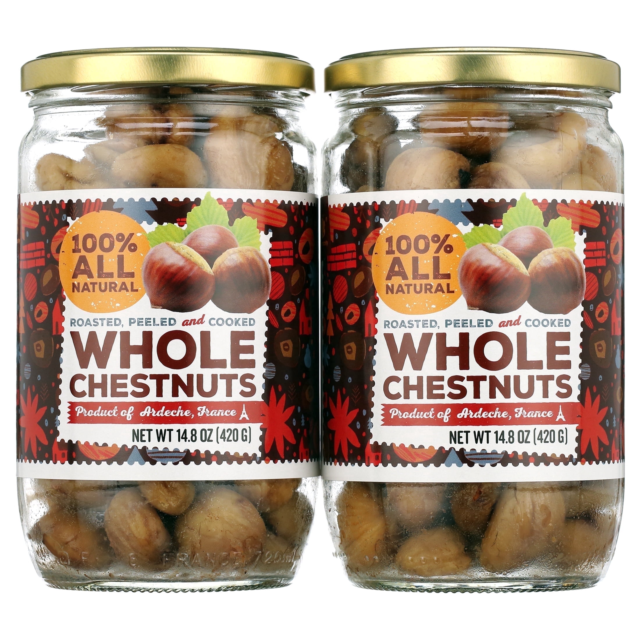 Gourmanity Whole Cooked Chestnuts, Roasted, Pack of 2 14.8oz Jars, From Ardeche, France