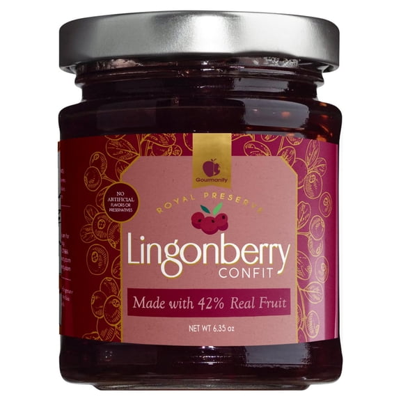 Gourmanity Lingonberry Jam, Balanced Tart and Sweet Flavour, Great on Croissants, Scones or over Ice Cream, All Natural, Non-GMO, Product of Belgium, 6.35oz