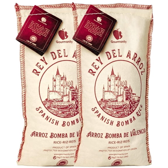Gourmanity Rey del Arroz Authentic Delicious Spanish Bomba Rice | 2.2 Pound Burlap Sack, Pack of 2