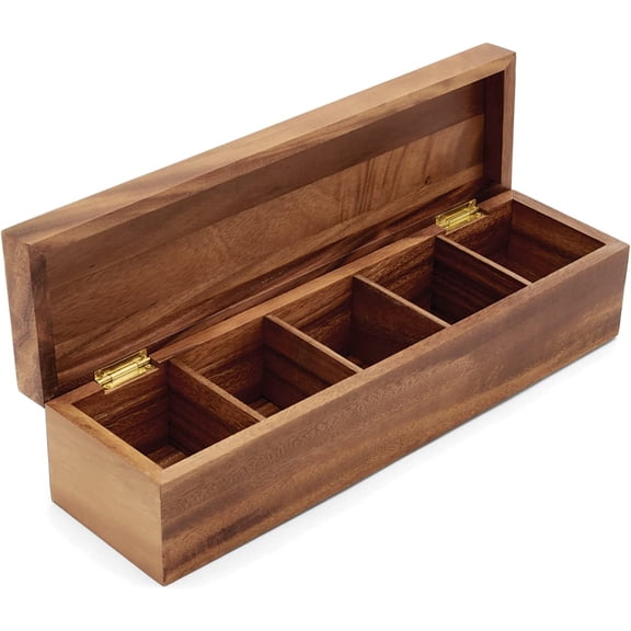 Gourmet Acacia Wood Tea Box, XL Rectangular Tea Chest, 10 Compartment