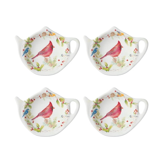 Gourmet Art 4-Piece Winter Birds Teapot Shaped Tea Bag Holder Set/Spoon Rests