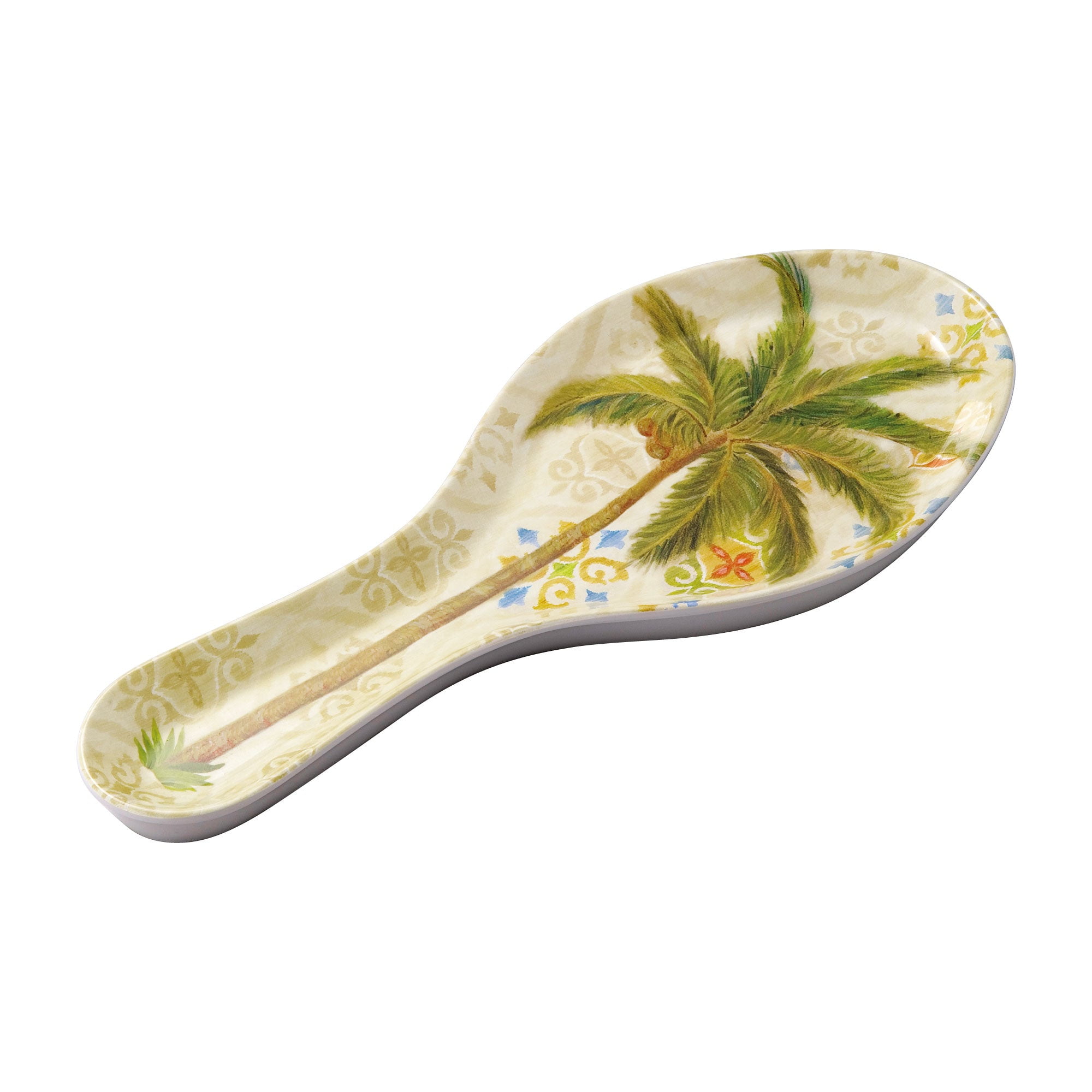 Ikat Palm Pattern Melamine Spoon Rest, Beige and Green