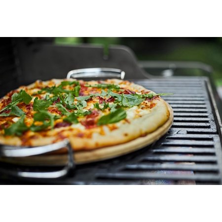 Gourmet BBQ System Pizza Stone with Carry Rack, 16.7" Long, Ideal for Grilling & Baking Crispy Pizza, Easy to Transport & Use
