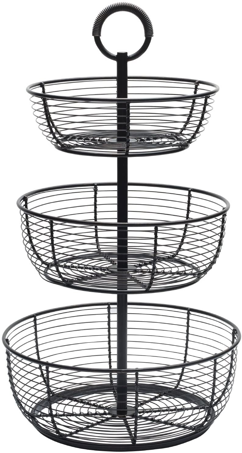 Antique Black 3-Tier Wrought Iron Round Storage Basket