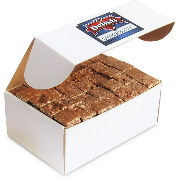 Gourmet Cashew Brittle by It's Delish, 6 LBS Bulk Box Old Fashion Style Cashew Brittle in Square Cut Pieces Sweet & Crunchy Candy in Bulk Great for Holiday, Events, Party Planners Kosher Parve