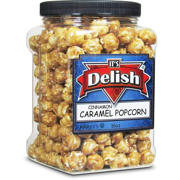 Gourmet Cinnamon Caramel Popcorn by Its Delish, 16 OZ Jumbo Container Caramel Corn Air Popped Sweet and Crunchy Glazed Carmel Corn Snack, Movie Night, Parties, Events - Gluten Free, Vegan, Kosher