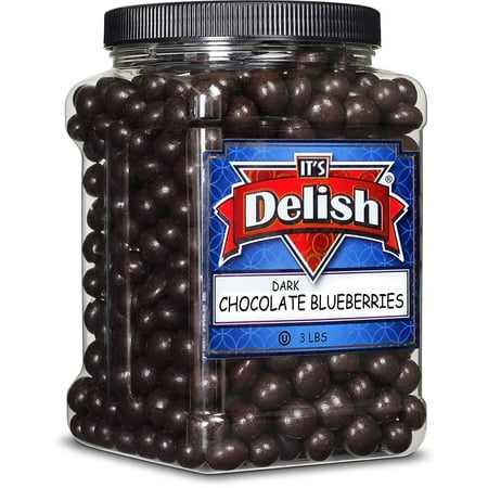Gourmet Dark Chocolate Covered Blueberries - by It's Delish, 3 LBS Jumbo Container Jar Bulk Chocolate Coated Dried Fruit Berries for Parties Snacking & Dessert Vegan, Kosher Parve, Non-Dairy