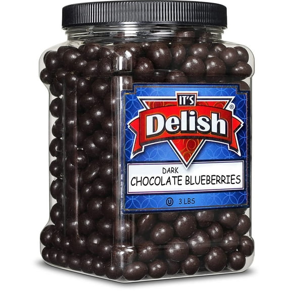 Gourmet Dark Chocolate Covered Blueberries by It's Delish, 3 lbs Jumbo Container Jar