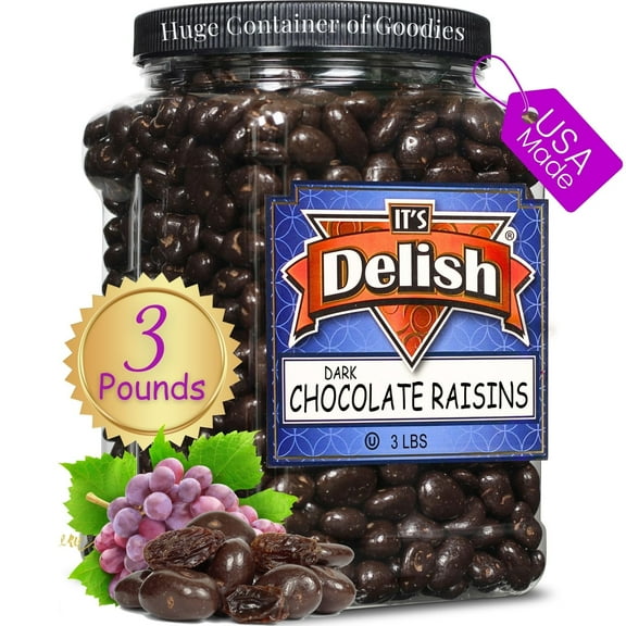 Gourmet Dark Chocolate Covered Raisins by It's Delish, 3 LBS Jumbo Container Dark Chocolate Raisins Candy Snack for Parties or Holiday Events and Healthy Snacking USA Made, Kosher